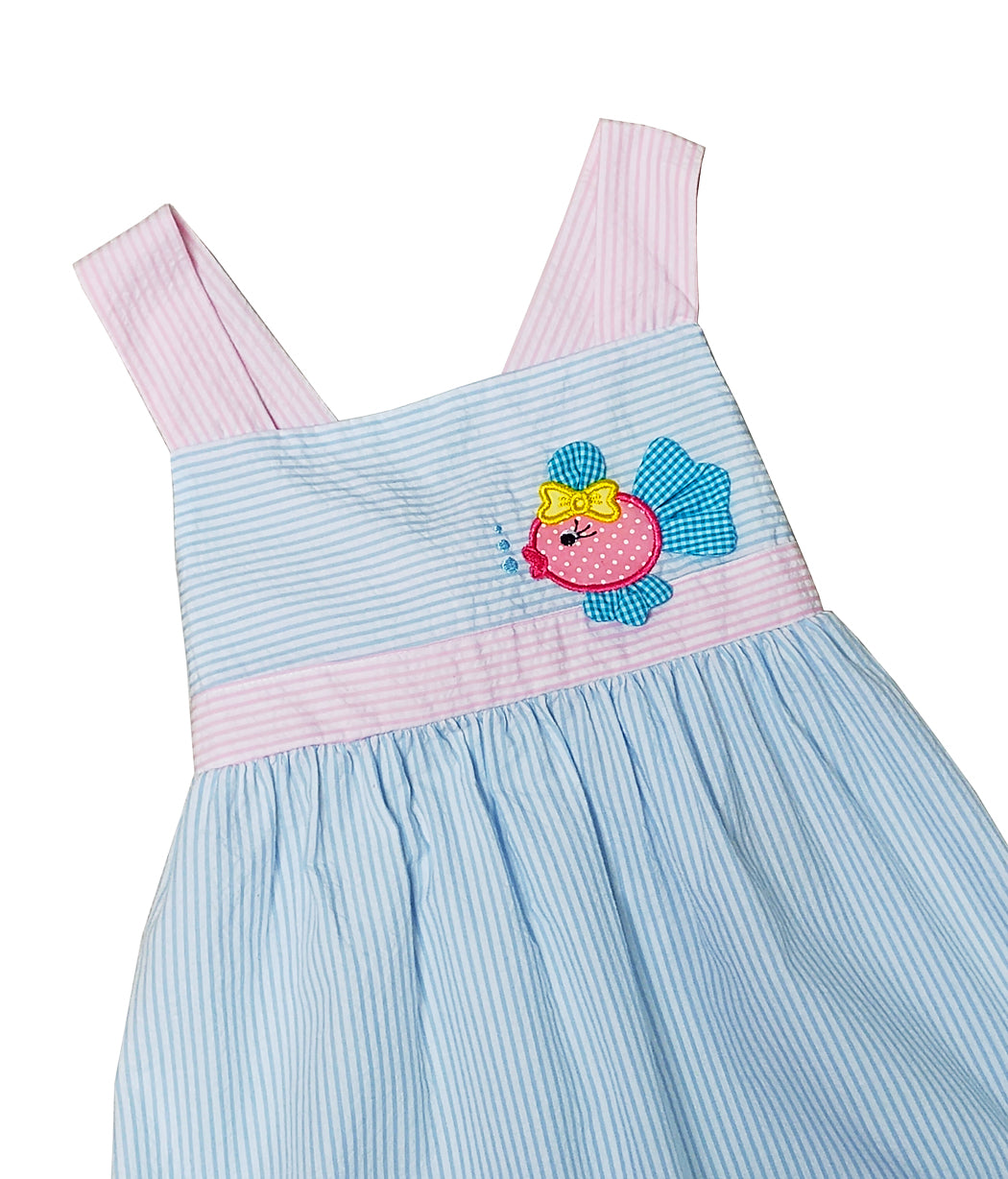 Girl's Pink and Blue Striped Fish Applique Sundress